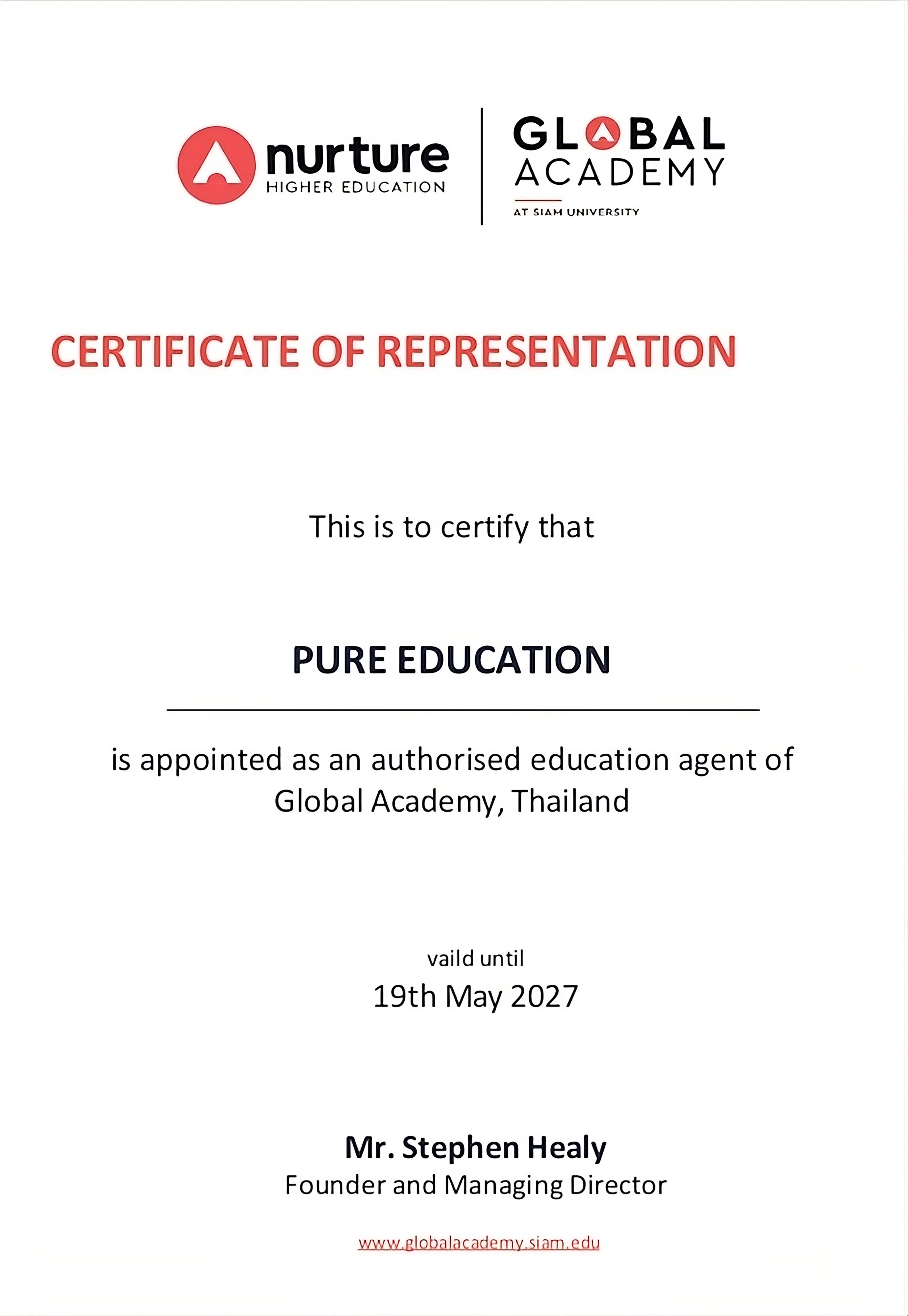 Official Authorization Certificate for Siam University Accreditation