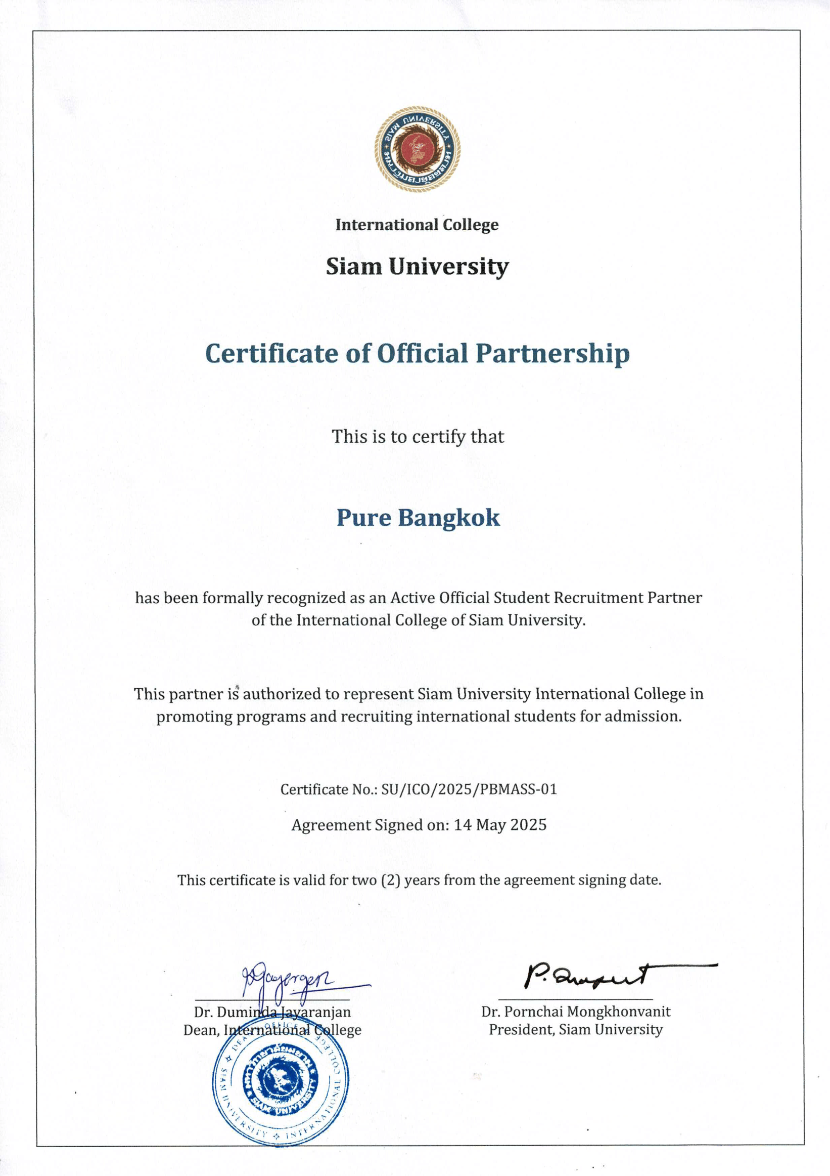 Official Authorization Certificate for International College Siam University