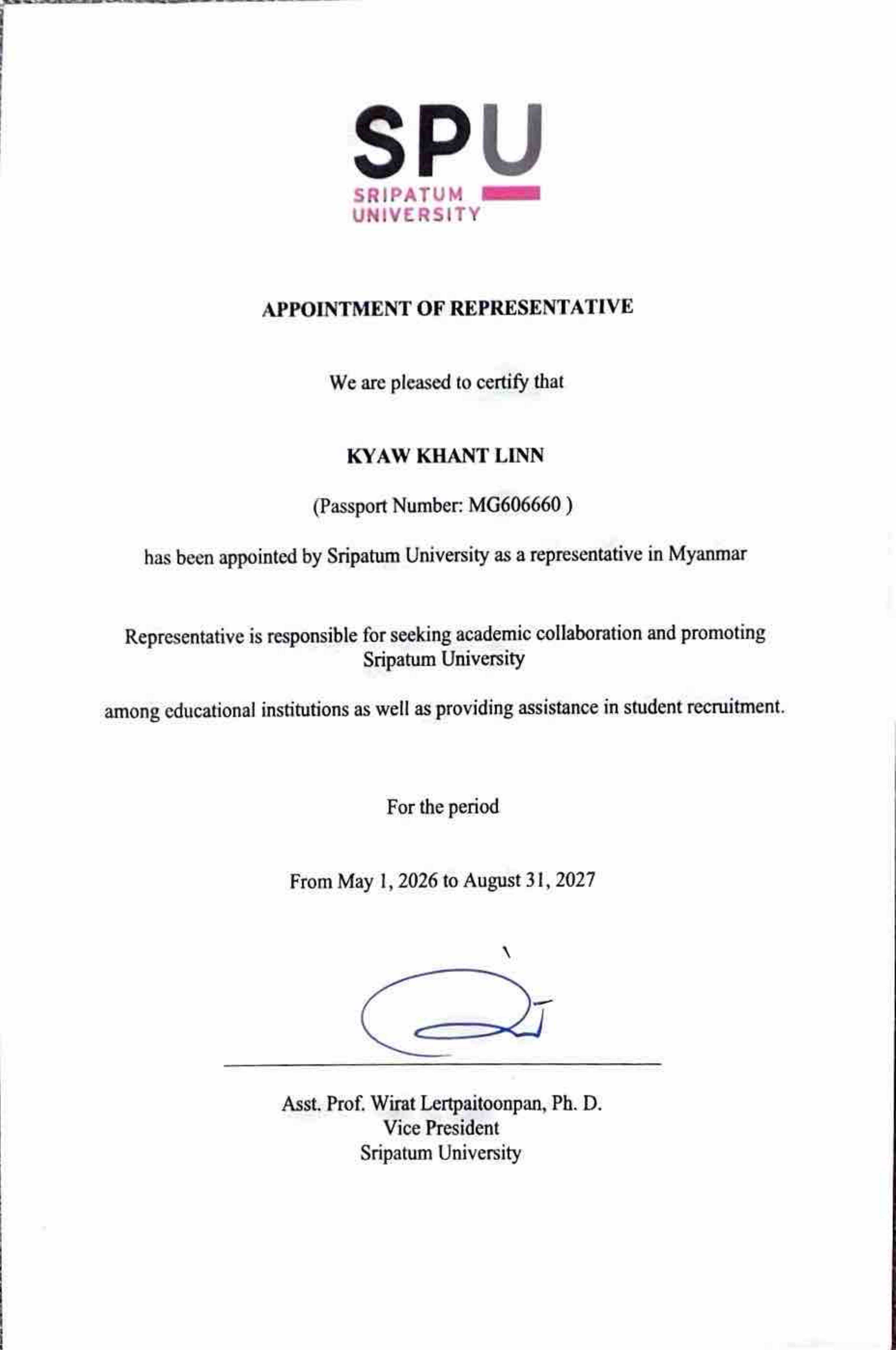 Official Authorization Certificate for SRIPATUM University